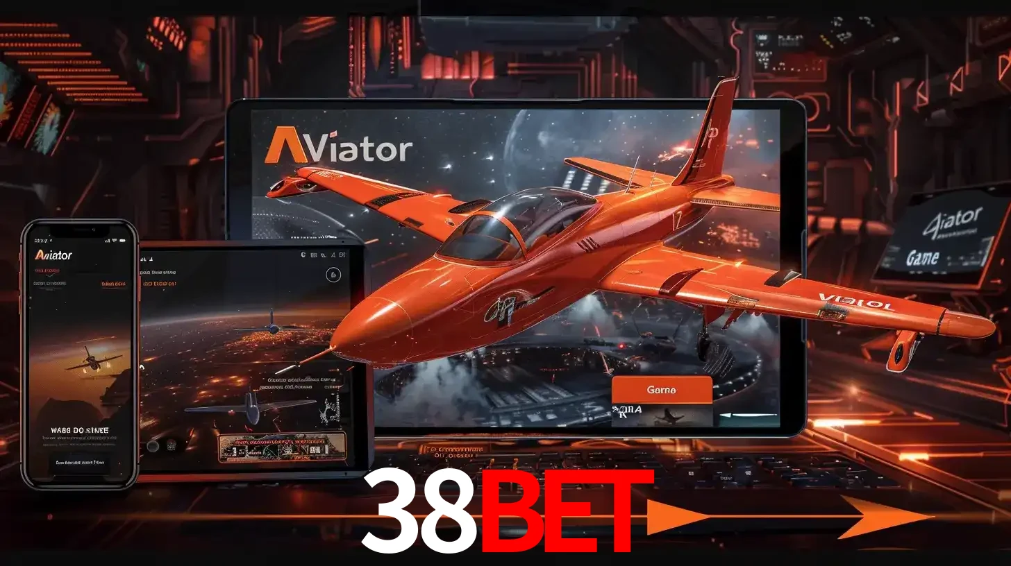 Apresentação tecnológica do jogo Aviator com um avião saindo da tela de um tablet, demonstrando a experiência imersiva em múltiplos dispositivos no 38BET.