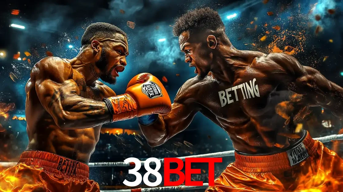 Dois boxeadores em uma luta intensa e explosiva, representando a adrenalina e as oportunidades de apostas em esportes de combate disponíveis na plataforma 38BET.