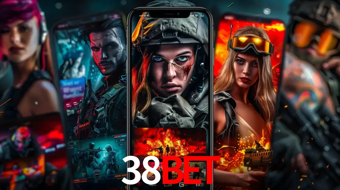 Montagem de telas de celular mostrando diversos personagens, masculinos e femininos, de um jogo de tiro, ilustrando a diversidade de equipes de e-sports para apostar no 38BET.