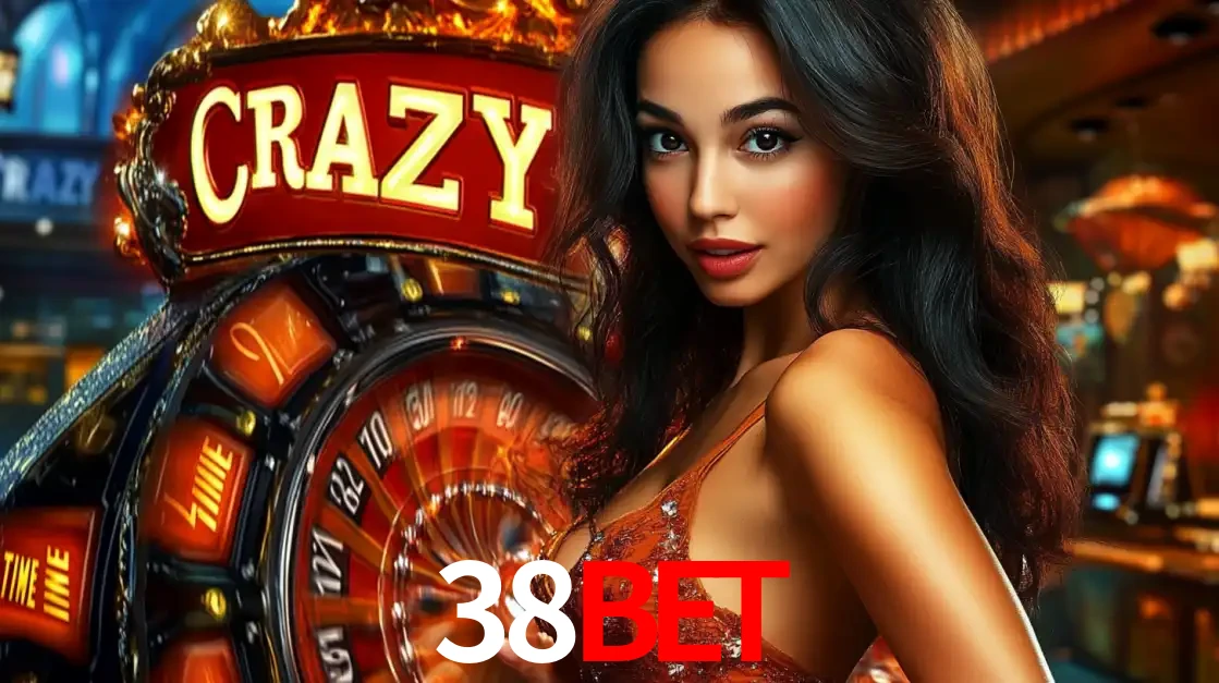 Mulher glamourosa olhando para a câmera com a roda vermelha do Crazy Time ao fundo em um ambiente de cassino, destacando a emoção dos jogos ao vivo no 38BET.