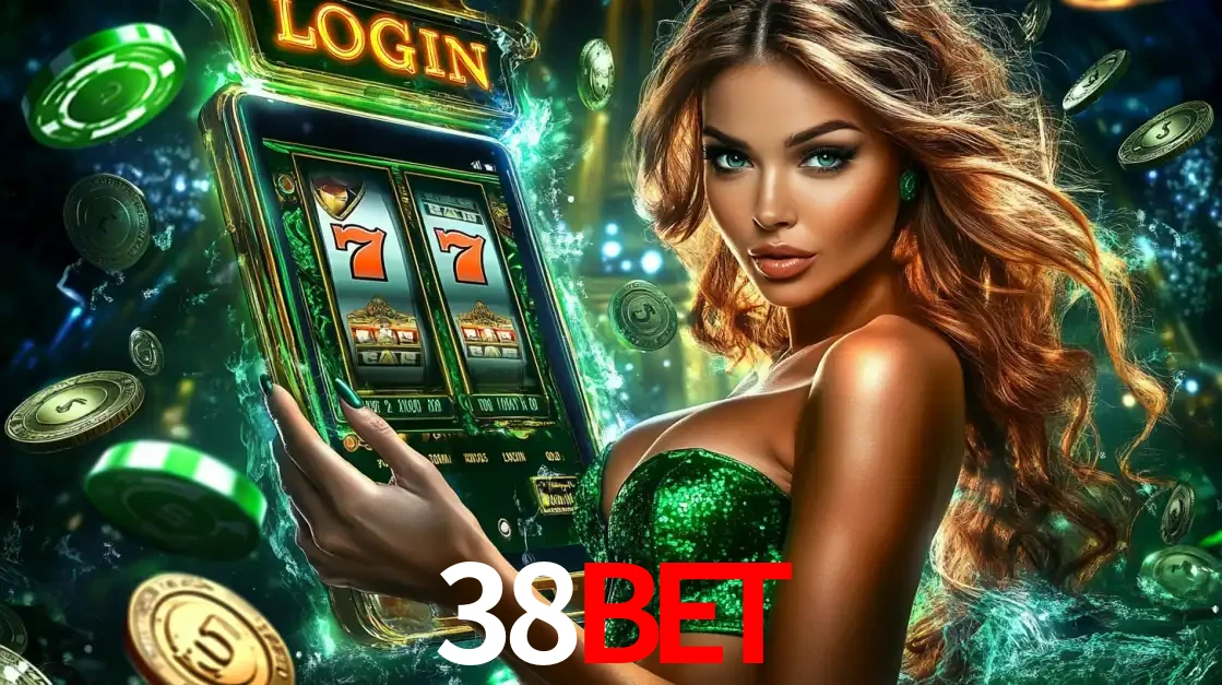 Mulher com tema verde apresentando o aplicativo do cassino 38BET com um jogo de slot de 777, cercada por fichas de cassino e uma aura de sorte.