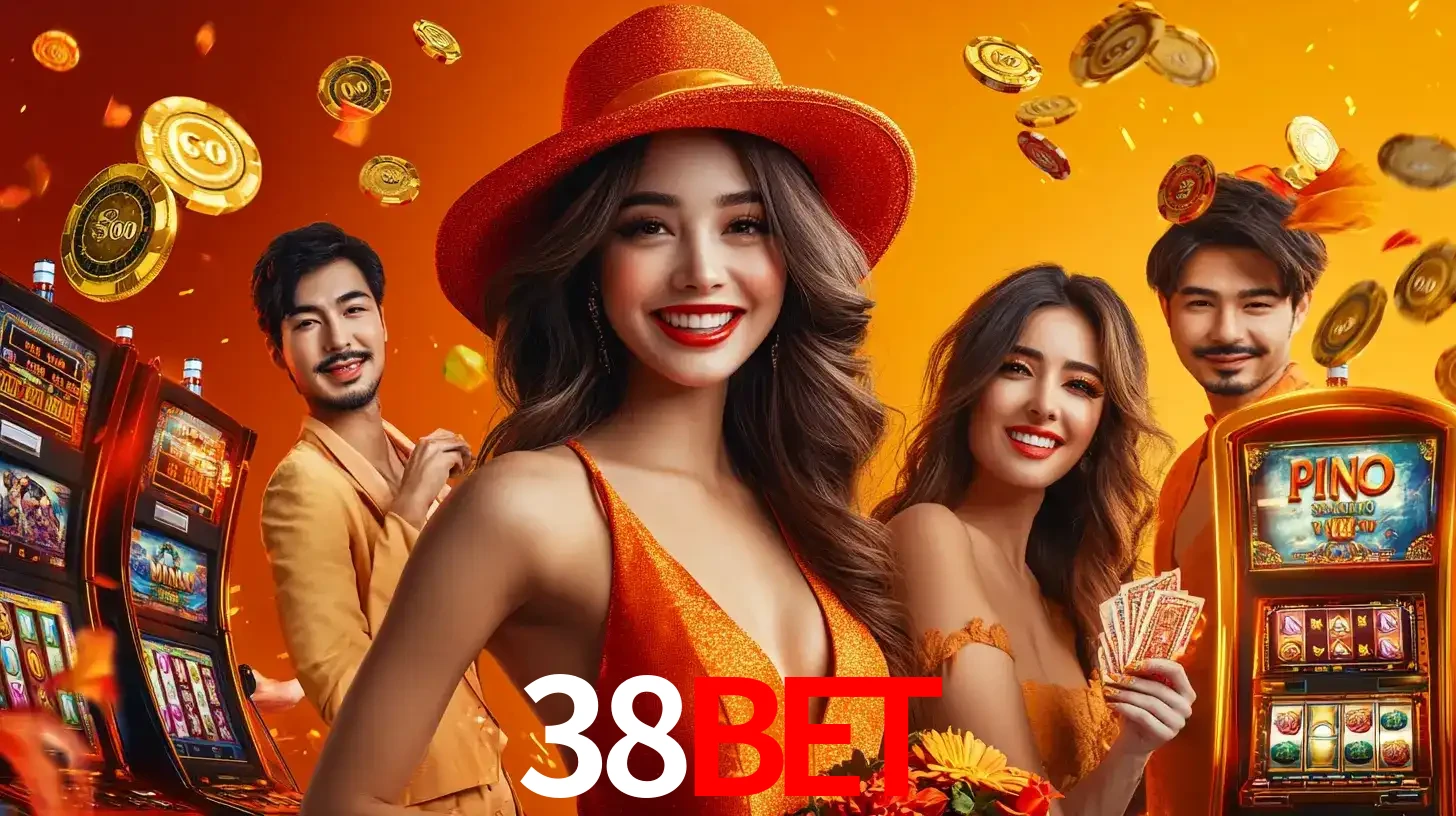 Grupo de amigos asiáticos sorrindo e se divertindo com máquinas de caça-níqueis em um ambiente festivo, celebrando suas vitórias nos jogos de cassino do 38BET.