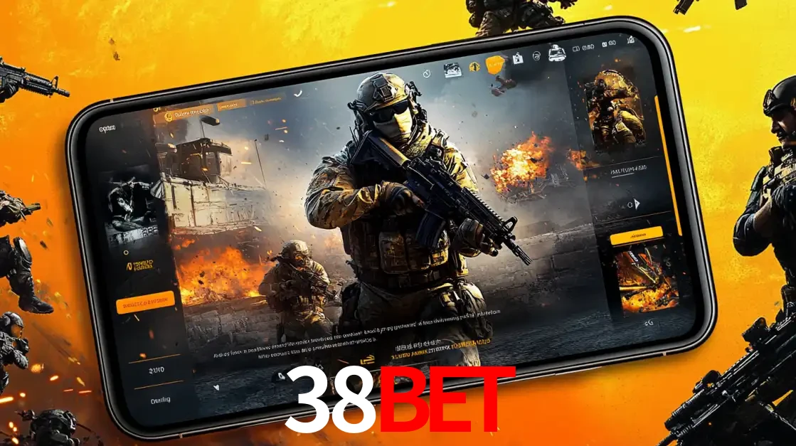 Um smartphone exibindo a interface de um jogo de tiro em primeira pessoa, com um soldado em um cenário de batalha, representando a ação dos e-sports para apostar no 38BET.