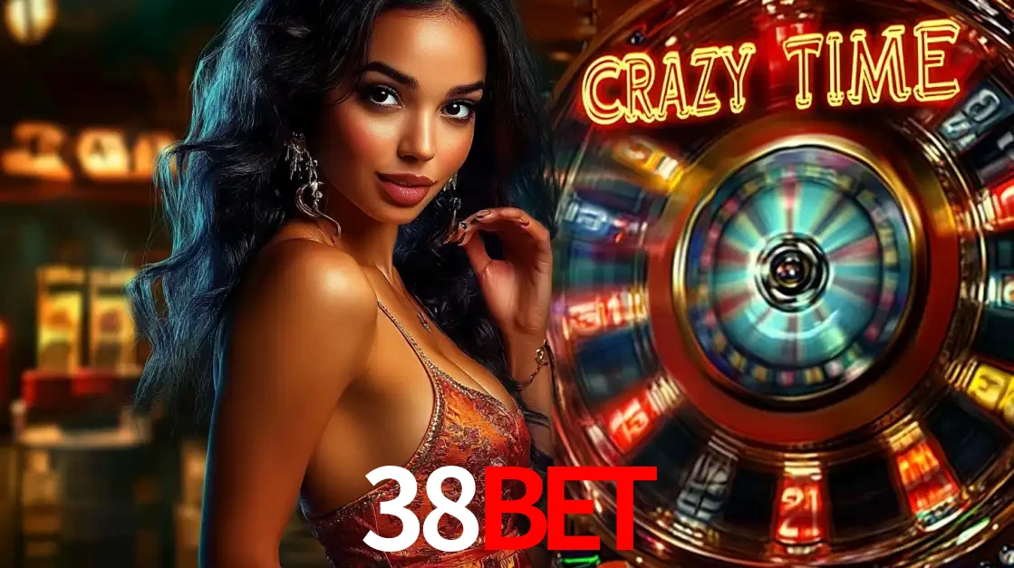 Mulher elegante ao lado da vibrante roda da fortuna do jogo de cassino ao vivo Crazy Time, um dos game shows mais populares e cheios de prêmios do 38BET.